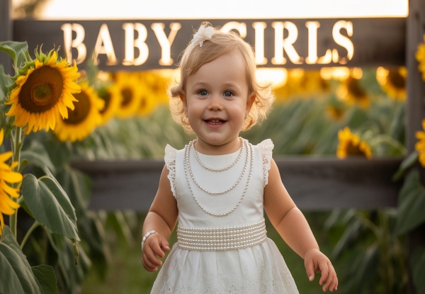 A baby girl wearing clothing accessories like waist chain